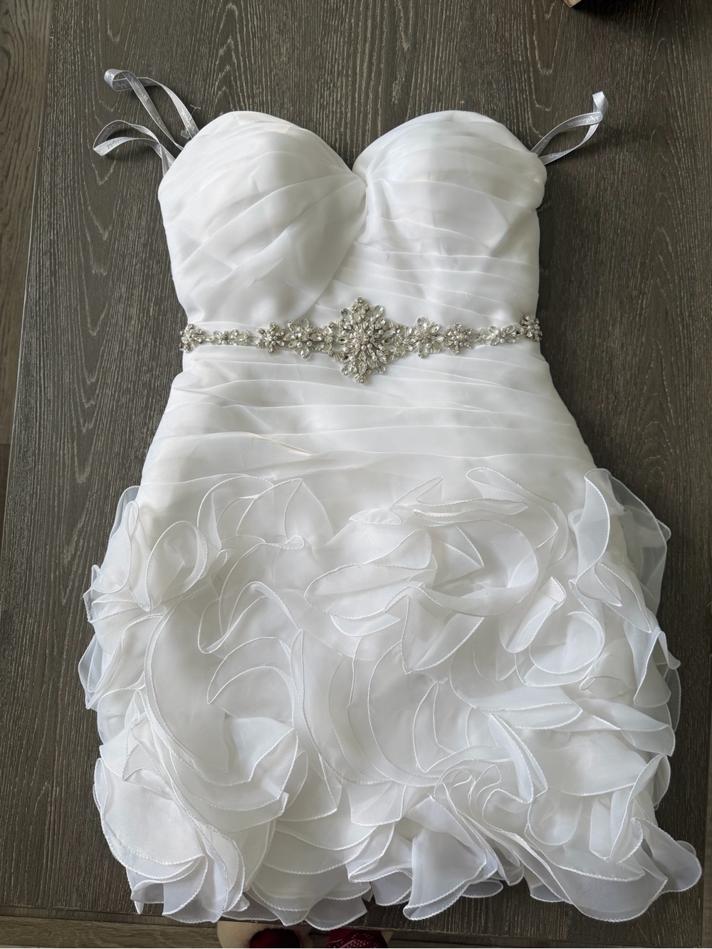 Strapless White Ruffle Mini Dress with Rhinestone Waist